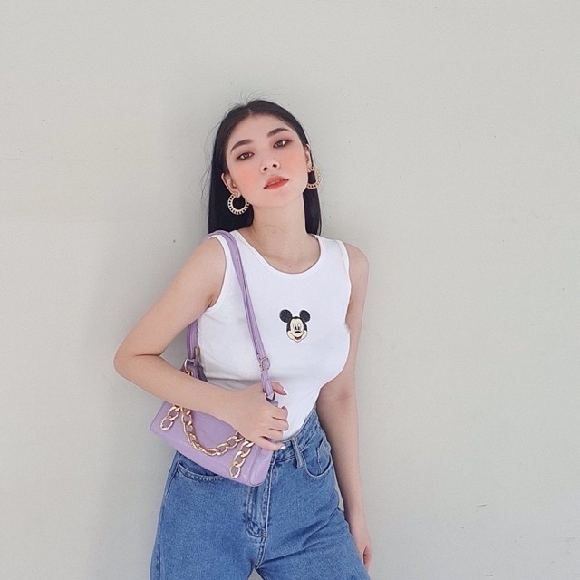 Áo ba lỗ thêu mickey nữ🌸 áo hai dây quai to thun tăm dáng body siêu xinh🌸[free ship] | BigBuy360 - bigbuy360.vn