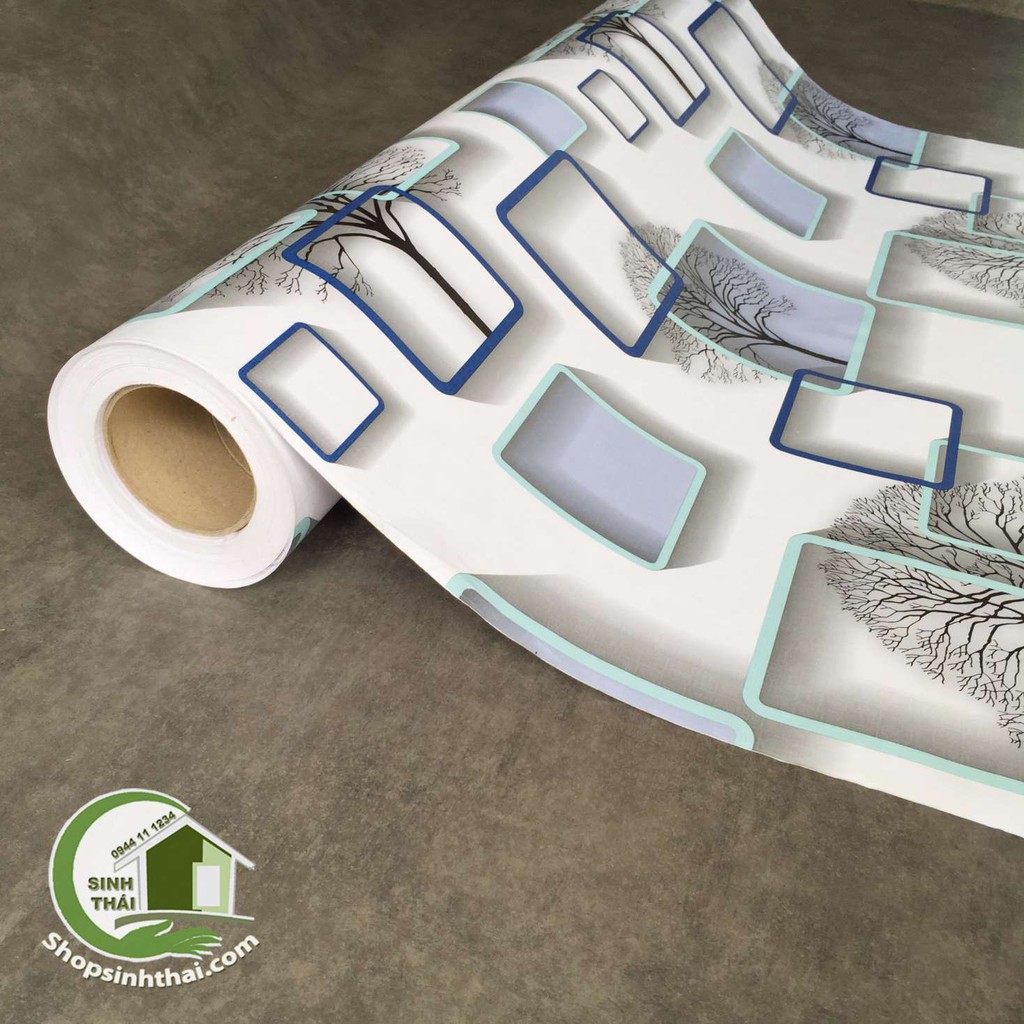 Giấy dán tường 3d nhiều ô vuông xám có cây khô -  - có sẵn keo
