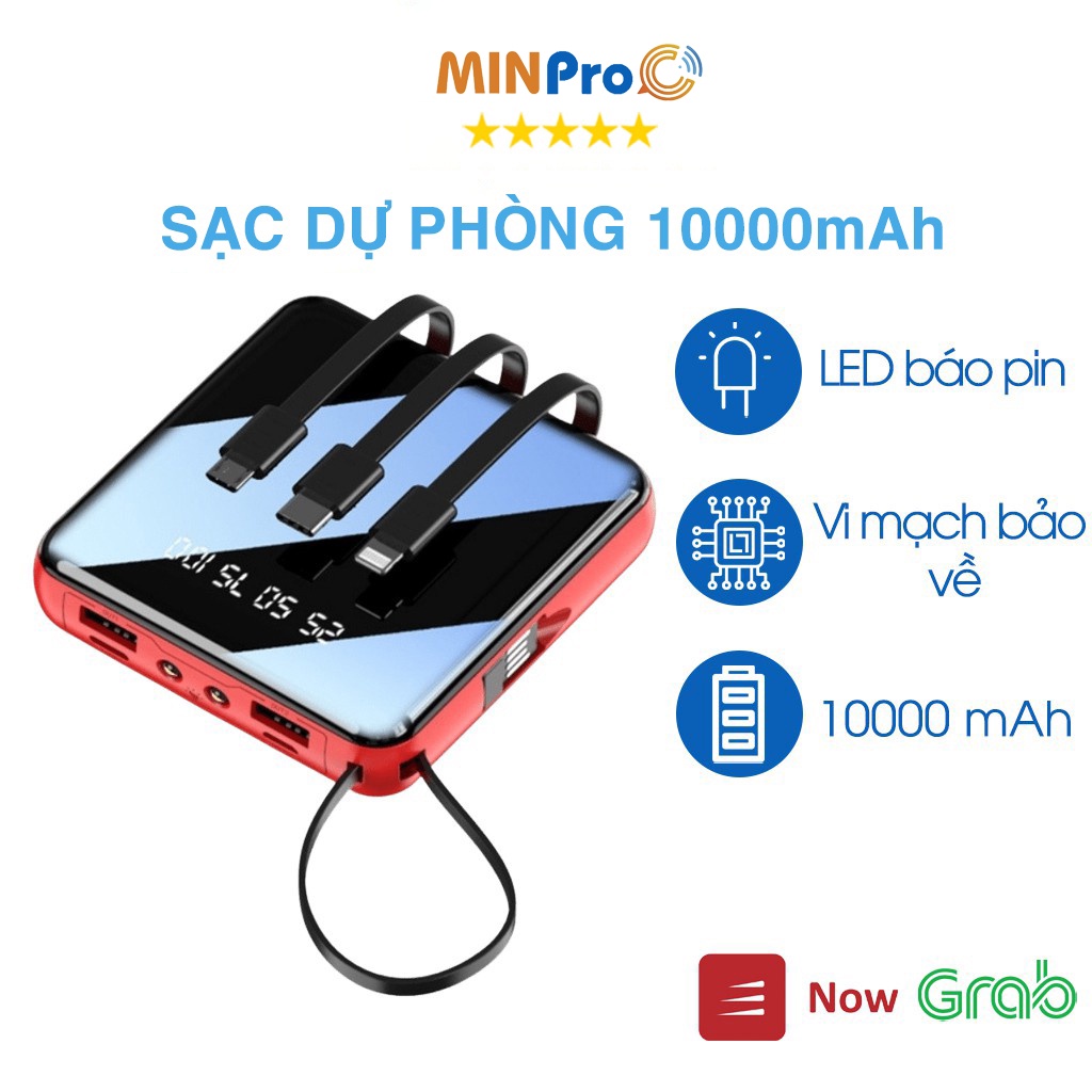 Cục sạc dự phòng 10000mAh mini,pin dự phòng nhỏ gọn, tặng kèm dây cáp 3 đầu type-micro-lightnin, hình vuông - MINPRO