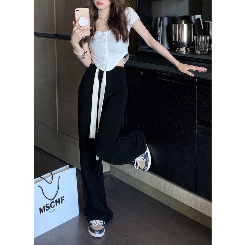 QKOOLE Quần Dài Lưng Cao Ống Rộng Màu Đen Phong Cách Hàn Quốc Cho Nữ