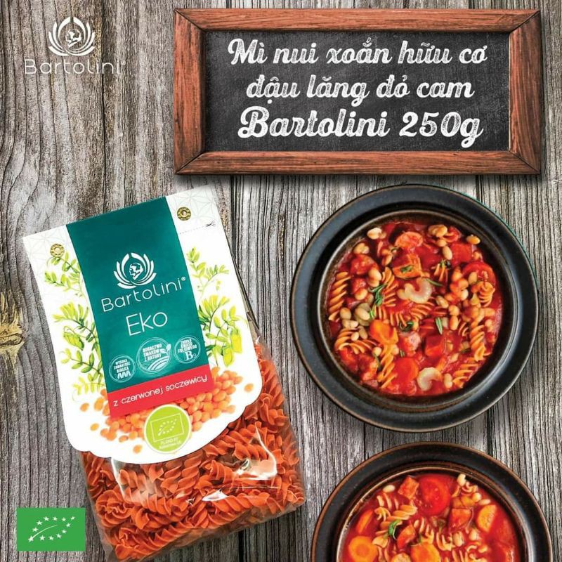 [Bartolini] Nui xoắn đậu lăng đỏ hữu cơ cho bé ăn dặm, gói 250gr