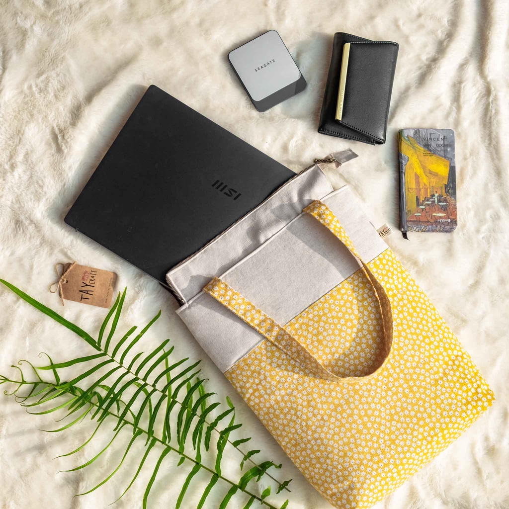 Túi tote vải có khóa miệng đựng được laptop - Túi xách vải canvas linen handmade đi làm đi học tiện lợi