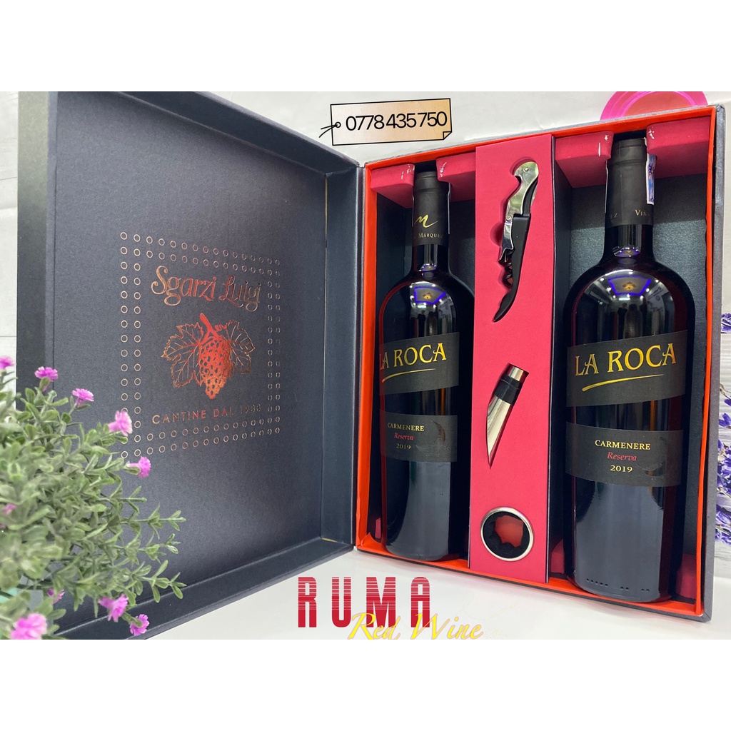 Set quà tặng hộp 2 chai rượu vang Chile La Roca Reserva kèm phụ kiện nhập khẩu