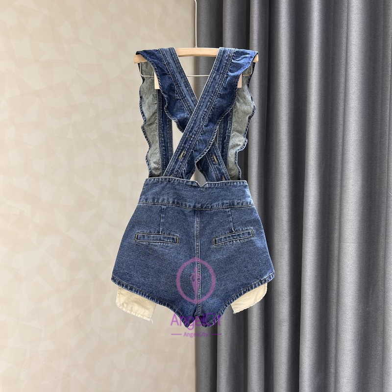 Angelcity Quần Yếm Denim Ngắn Ống Rộng Mỏng Màu Xanh Dương Thời Trang Mùa Hè 2022 Mới Dành Cho Bạn Nữ