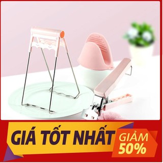 Dụng cụ kẹp gắp đồ nóng thức ăn đa năng inox chống phỏng kèm bộ găng tay, miếng lót nồi silicon .