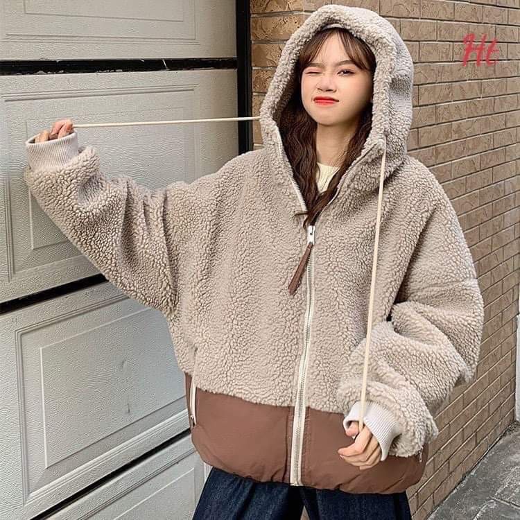 Áo KHOÁC lông phối nỉ mũ UTHE 3 màu: be, đen, xám Chất lông mịn phối nỉ, túi khoá sịn xò