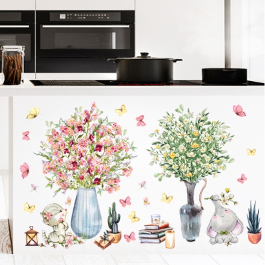 Decal trang trí tường - Bình hoa nở rộ cùng đàn bướm xinh