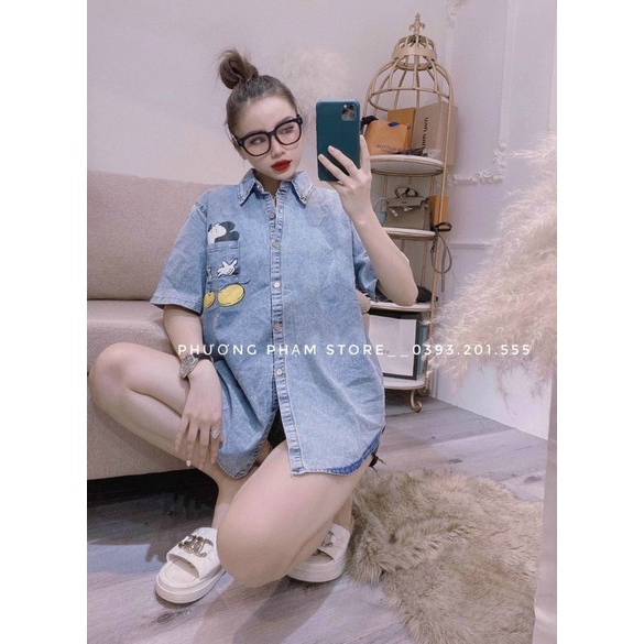 Áo sơ mi bò mickey túi ngực