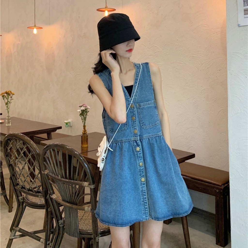 [Tặng kèm áo dây] Váy yếm bò jean dáng ngắn cổ V cá tính ulzzang BUBUSHOP