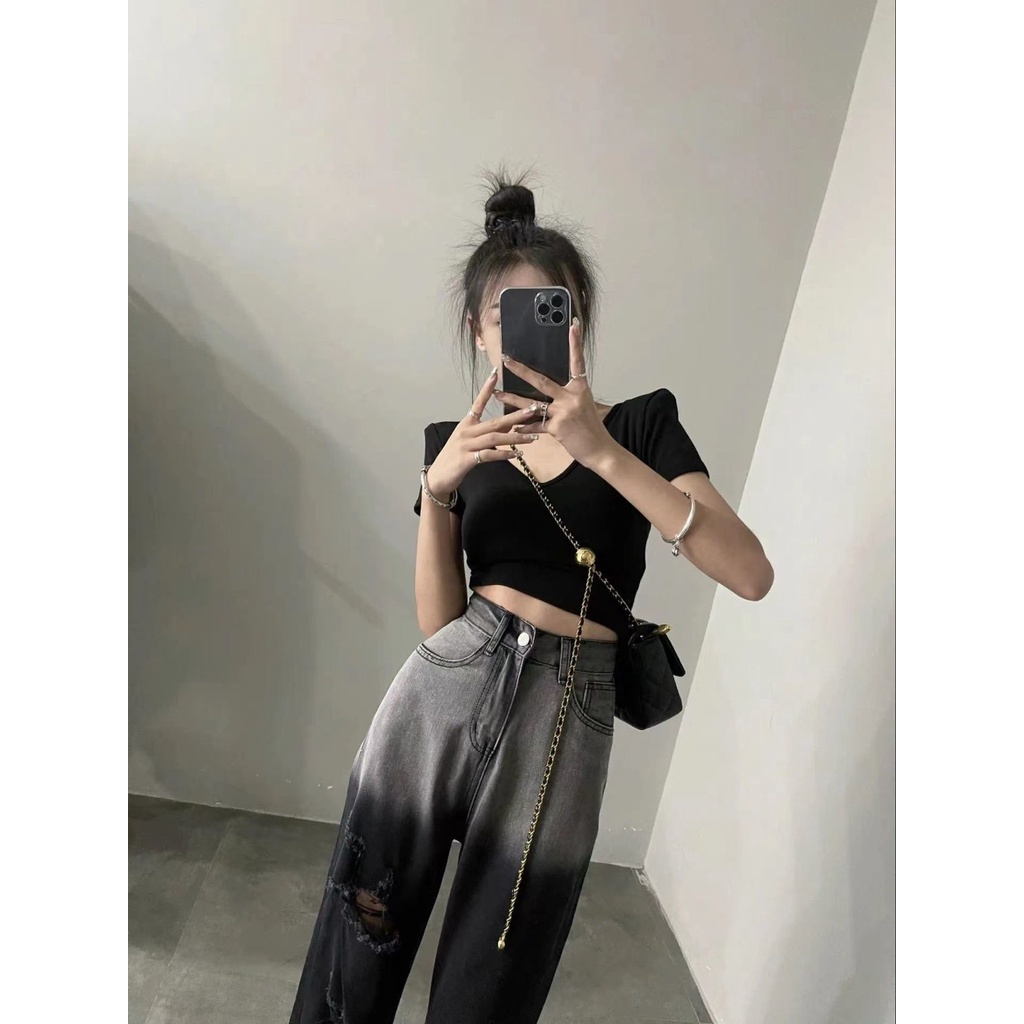 Jiashucheng Quần Jean Rách Màu Gradient Lưng Cao Dáng Rộng Thời Trang Hàn Quốc Cho Nữ
