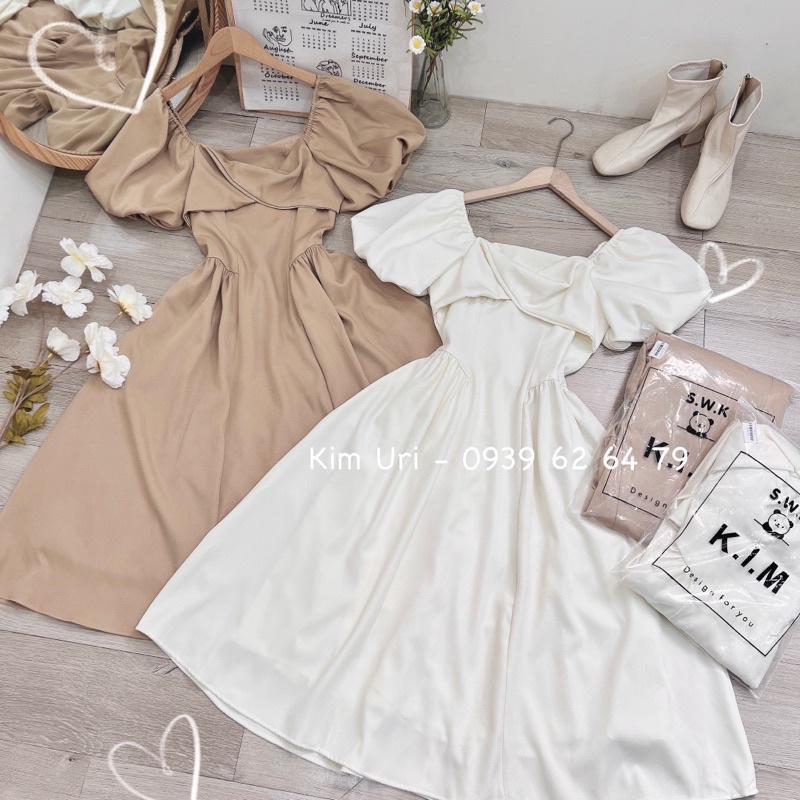 [Hàng sẵn - Hình thật] Đầm tay bồng xoắn ngực cổ vuông dáng maxi xoè sang chảnh
