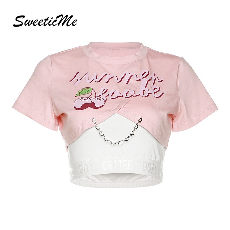 Áo Thun Lửng Tay Ngắn Dáng Ôm In Họa Tiết SweeticMe Thời Trang Cho Nữ