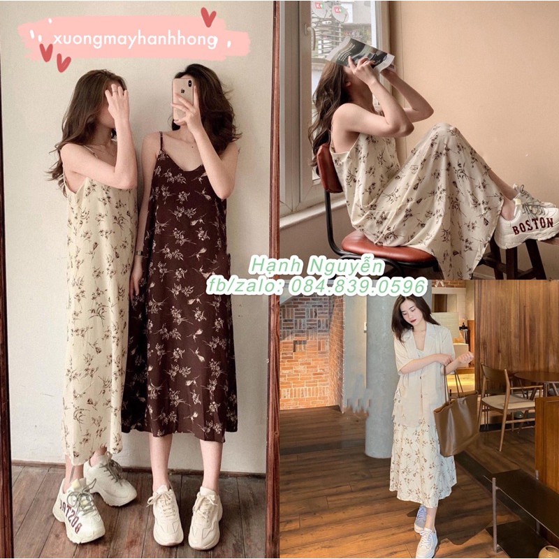 Váy voan hoa 2 dây Hàn Quốc tơ đẹp, Váy hoa maxi 2 dây suông đi biển kèm ảnh thật - Xưởng May Hạnh Hồng