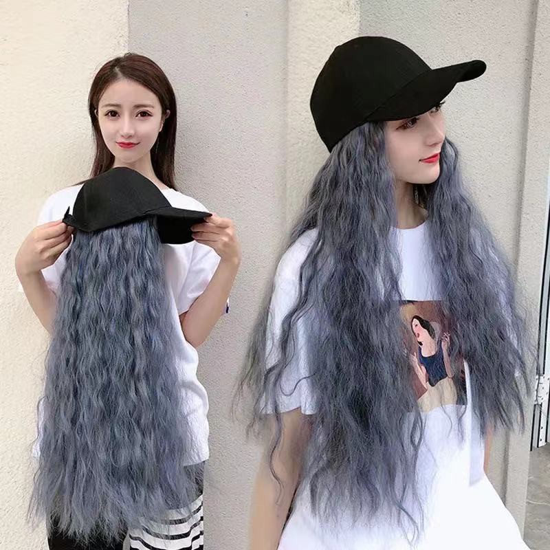 Mũ lưỡi trai gắn tóc giả xoăn dài co giãn nhiều màu tùy chọn