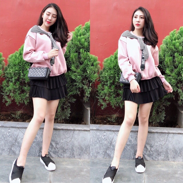 áo nỉ buộc nơ vai kẻ