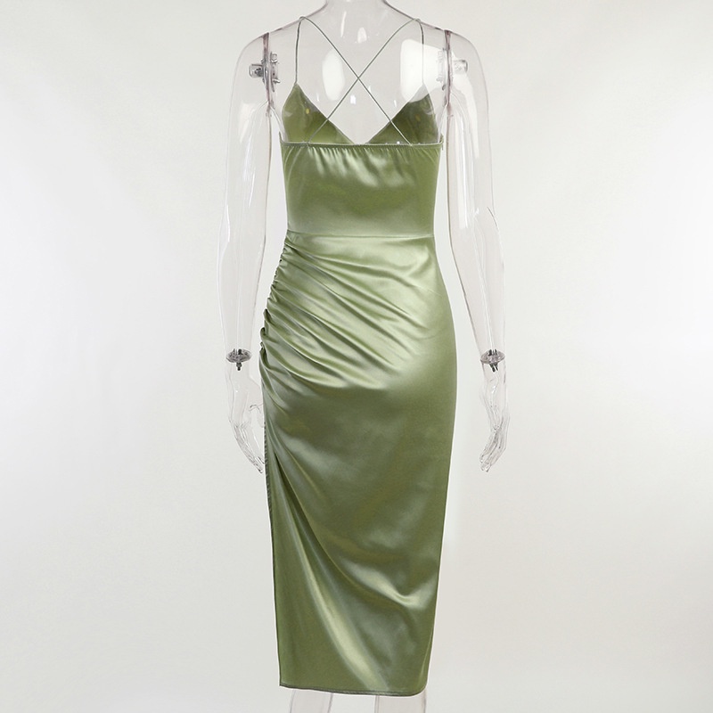 Đầm dự tiệc DUNEA vải satin cổ chữ V hở lưng xẻ tà quyến rũ cho nữ