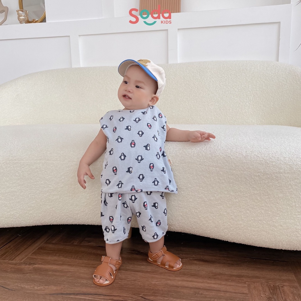Bộ quần áo cho bé trai Peinguin SODA KIDS họa tiết xanh/chim cánh cụt waflle mềm mại