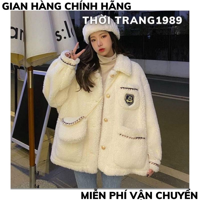 áo khoác lông kèm túi in logo ,áo khoác lông nữ ,form rộng phong cách ulzzang vintaghe hàn quốc ,XƯỞNG MAY TC2