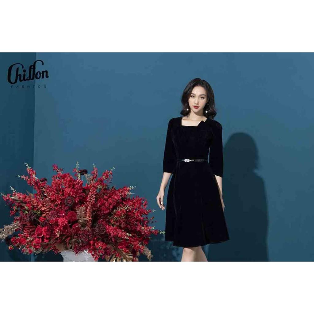 <Đầm thiết kế Chiffon>_Váy đầm nhung công sở cổ vuông đáp ngực, chất nhung lỳ, không sần, thiết kế đẹp (không kèm đai)