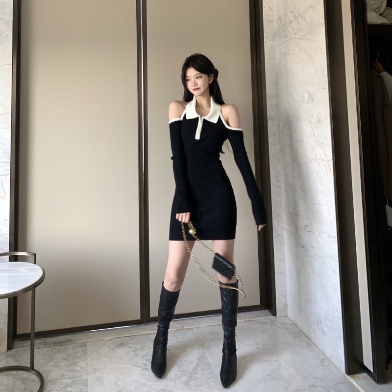 Đầm body trễ vai khóa kéo viền