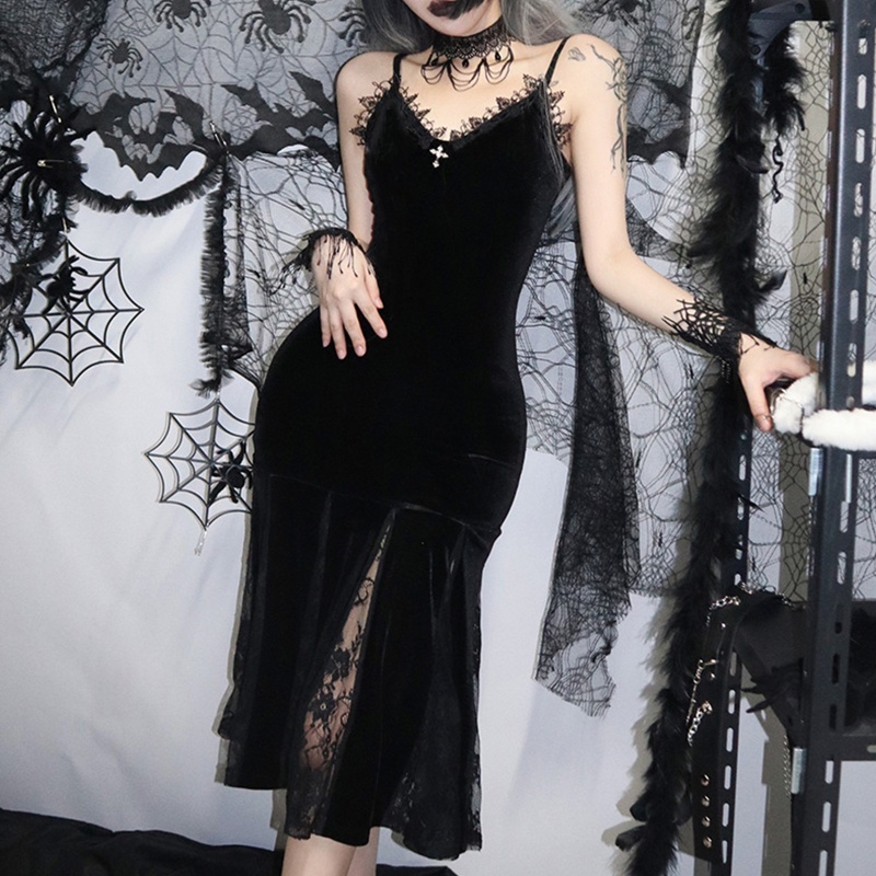 Brroa Đầm Nhung Midi Đuôi Cá Xếp Ly Phối Ren Dây Chéo Phong Cách Goth Cổ Điển Goth Cho Nữ