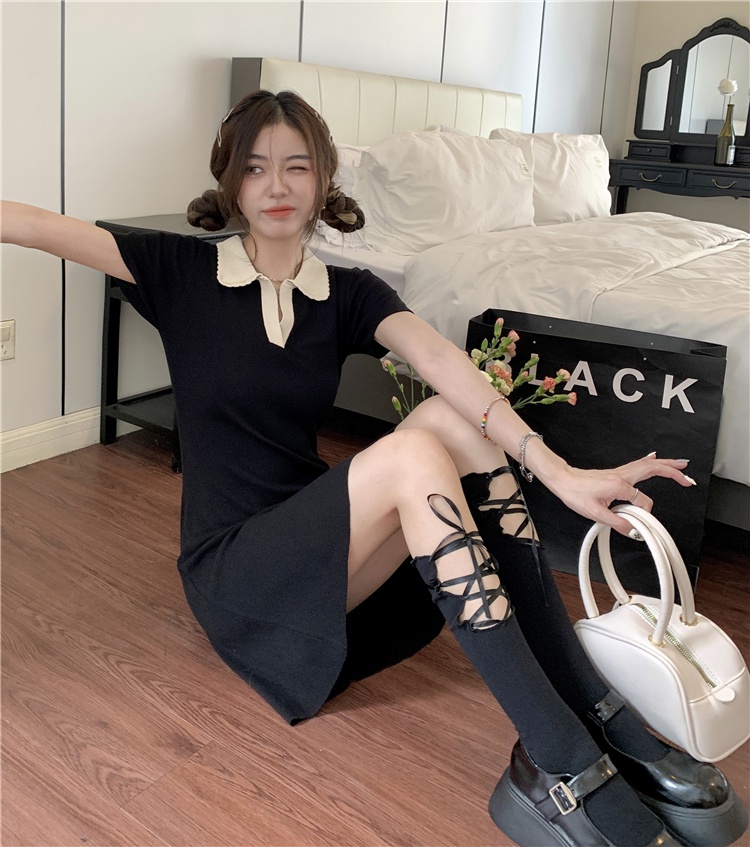 Đầm Dệt Kim Màu Đen Cổ POLO Phong Cách Hàn Quốc Thời Trang Mùa Hè 54268