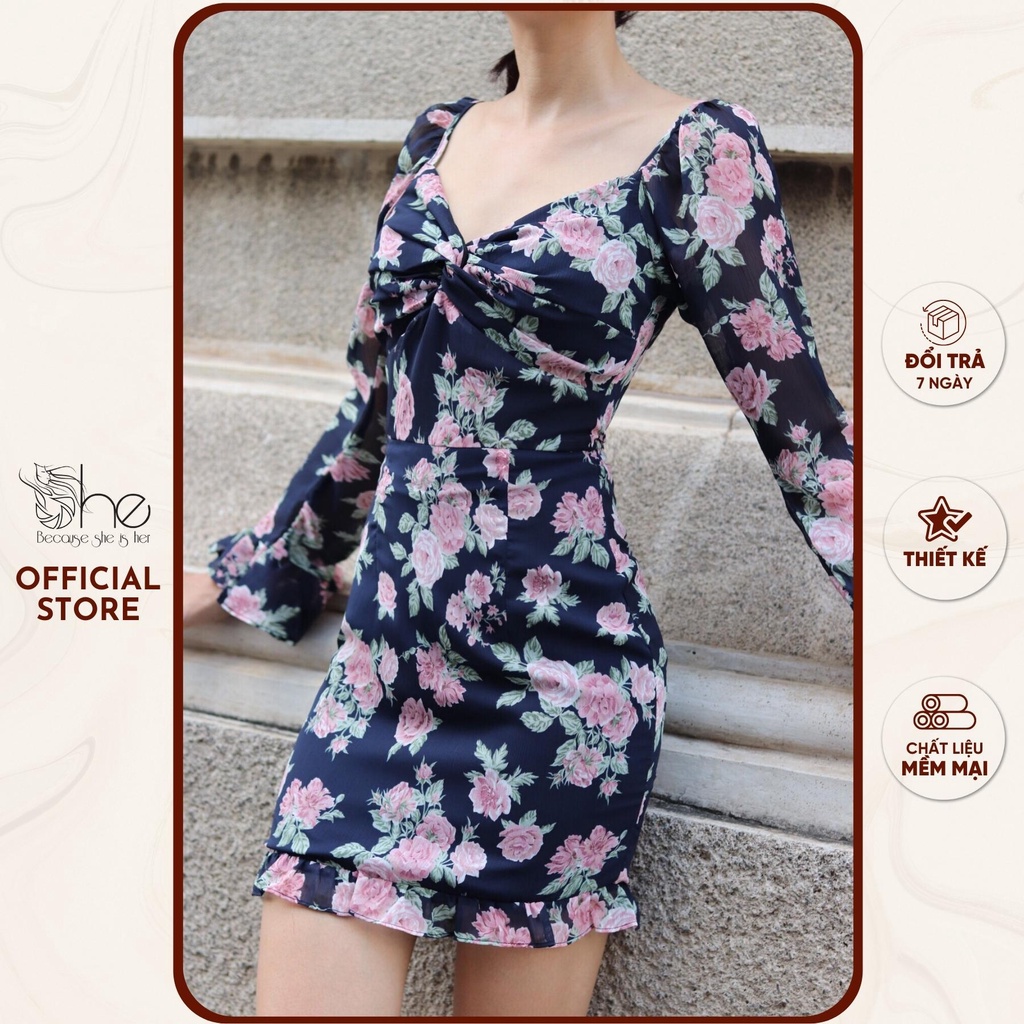 Đầm body hoa tay dài She,đầm ôm body cổ xoắn ôm dáng sexy thời trang nữ SDX147