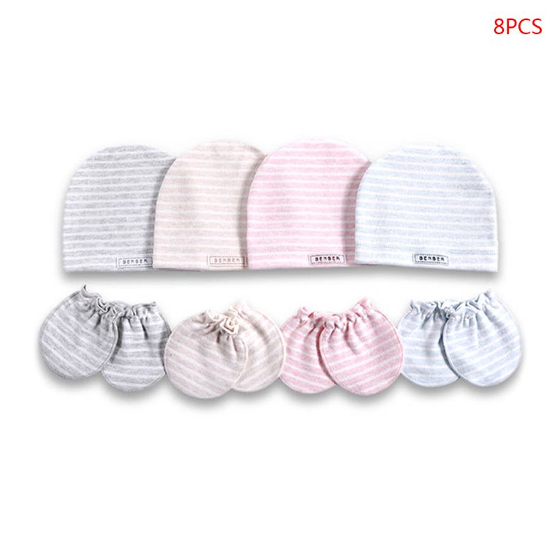Bộ 8 Găng Tay Cotton Họa Tiết Kẻ Sọc Đơn Giản Dành Cho Bé Sơ Sinh
