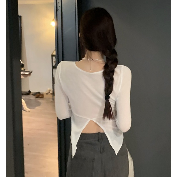 QKOOLE Áo thun croptop  tay dài phong cách Hàn Quốc thời trang cho nữ