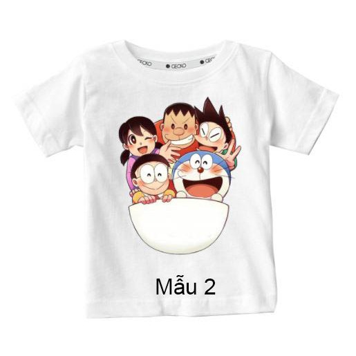 Áo Thun Bé Gái Bé Trai Ngắn Tay Cổ Tròn Vải Cotton In Hình Doraemon 1-8 Tuổi