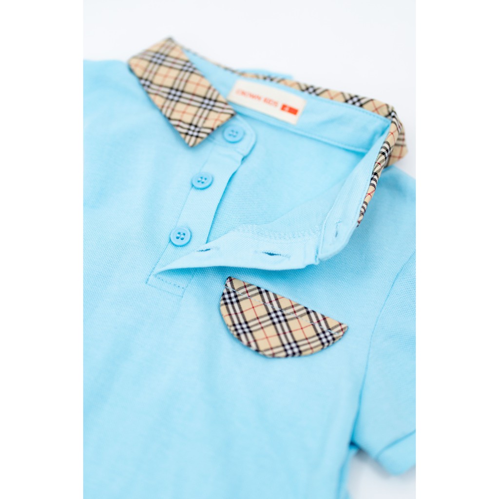 Áo phông bé trai có cổ màu xanh Crown Kids Fashion TShirt CKBS2101009.B vải cotton thoáng mát size 4-9 cho bé 4-10 Tuổi