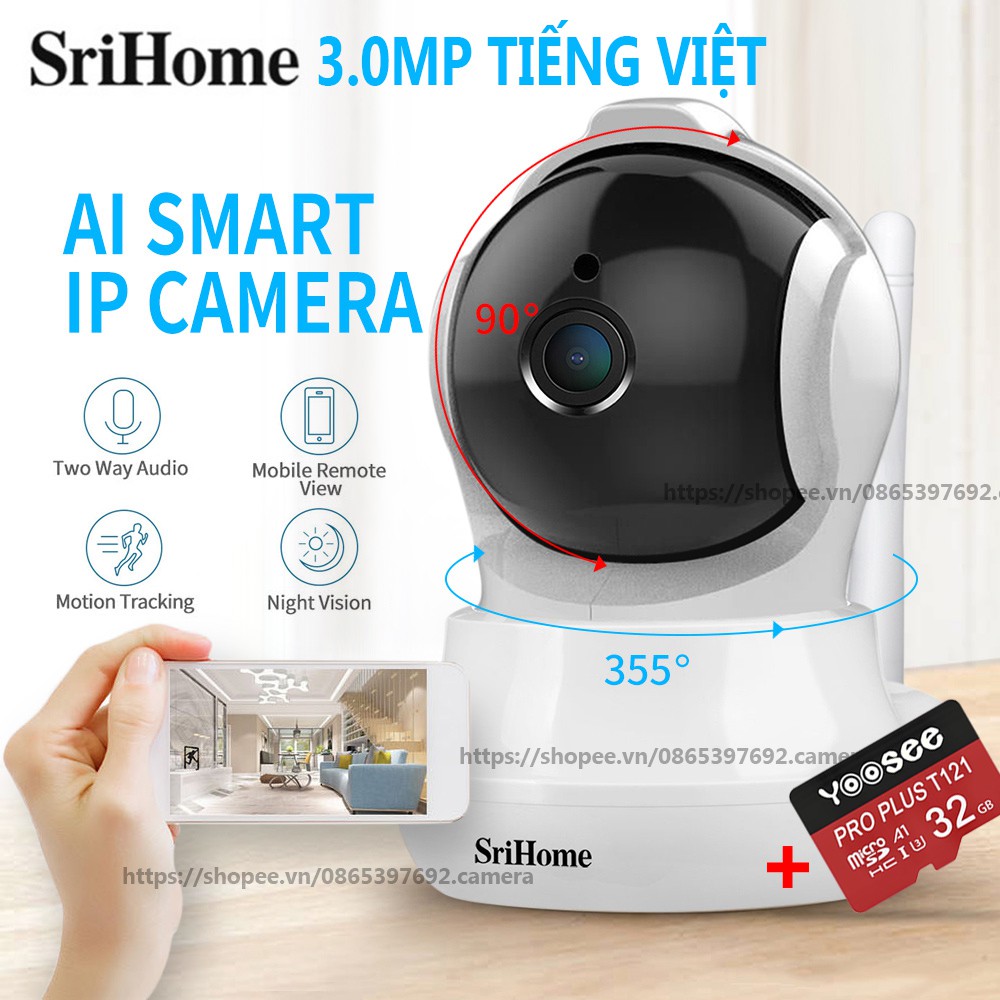 Camera IP WiFi Cao Cấp SRIHOME SH020 3.0 MP, Kèm Thẻ Nhớ