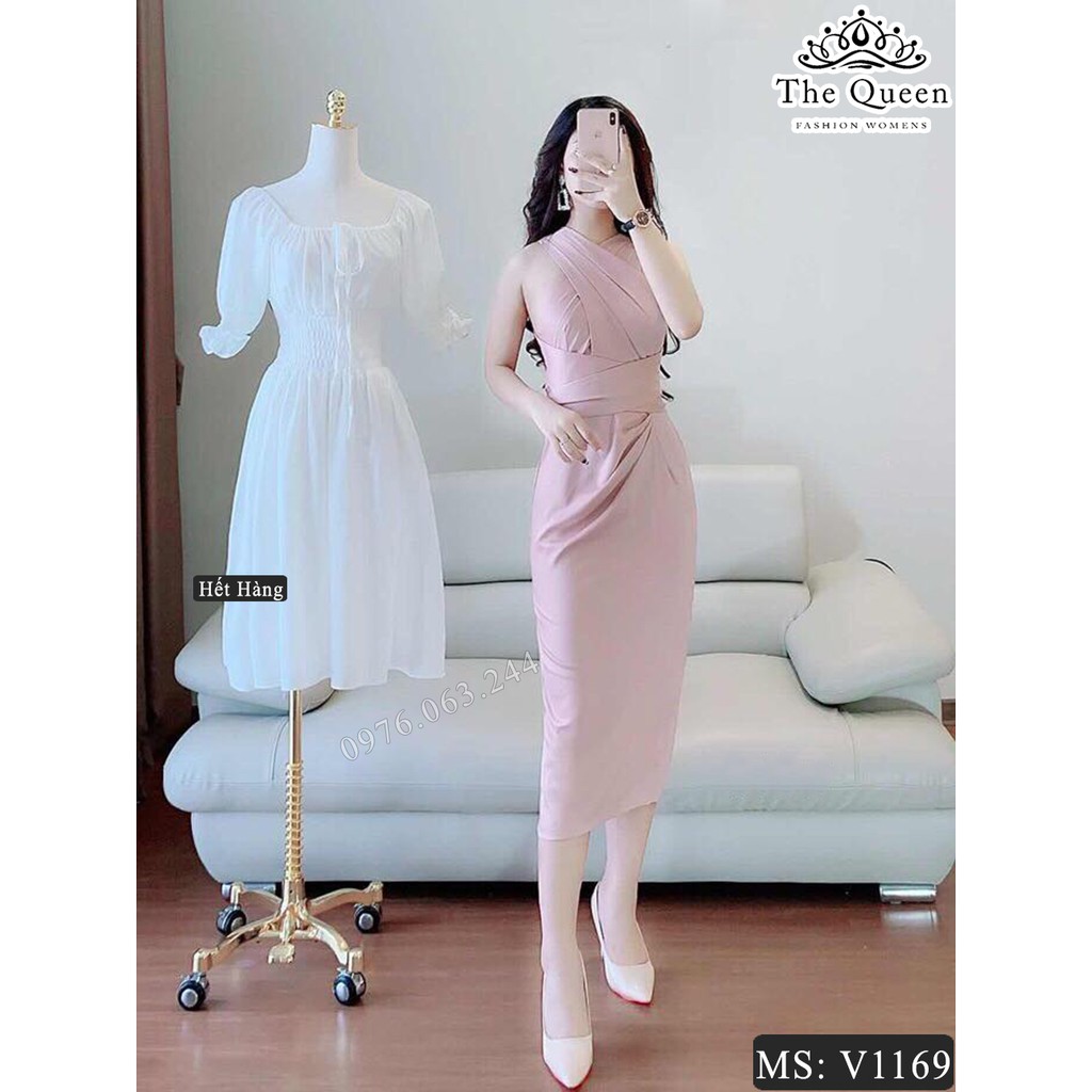 Đầm body đáp chéo V1169 màu hường có nơ lưng - The Queen Fashion - Có hình chụp chi tiết sản phẩm