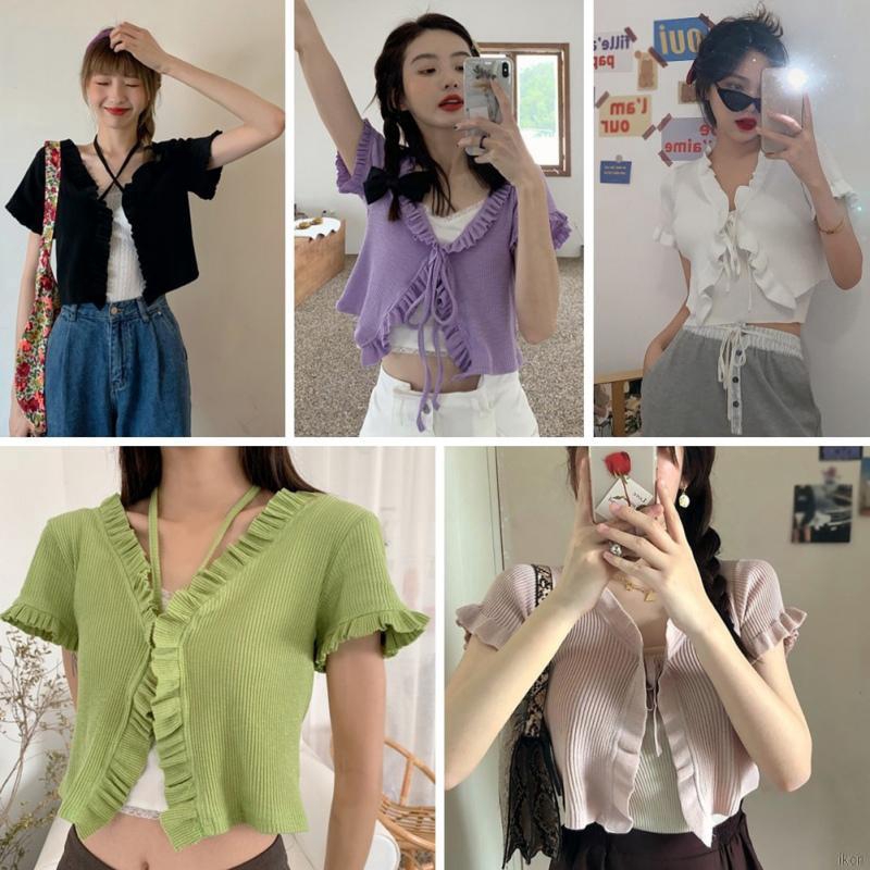 Áo dệt kim tay ngắn phong cách Hàn Quốc cho nữ