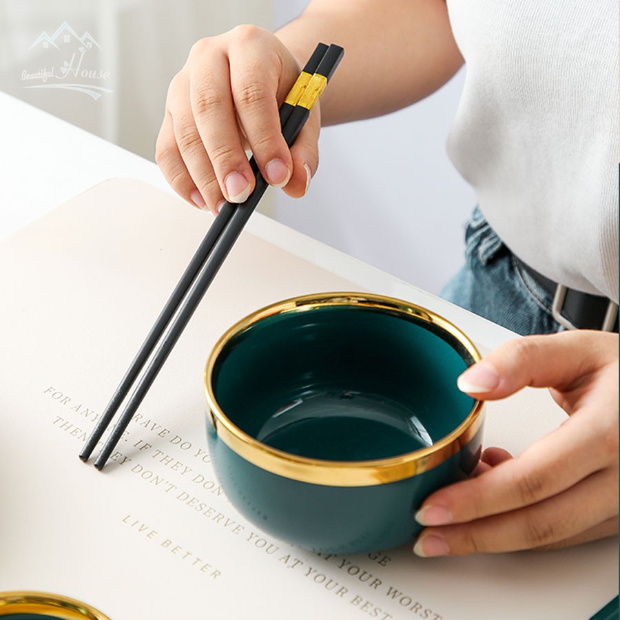[LẺ CHI TIẾT] Bộ Bát, Đĩa Sứ Màu Xanh Cổ Vịt - Sứ Cẩm Thạch Viền Vàng 24k Sang Trọng
