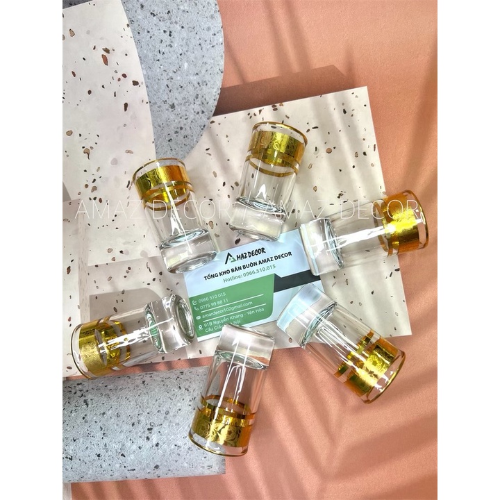 Bộ 6 ly chén uống rượu thủy tinh đế tròn dày khảm họa tiết vàng cao cấp