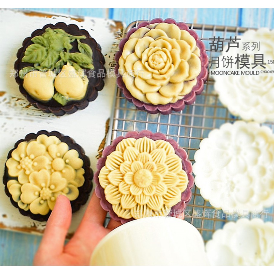 Khuôn trung thu 3 mặt hoa và quả ⚡ CAO CẤP ⚡ khuôn làm bánh trung thu gồm 1 thân nhấn+ 3 mặt khuôn