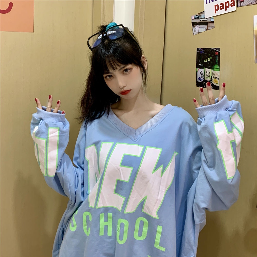 Áo khoác sweater cổ chữ v dáng rộng phong cách harajuku thời trang đầu thu cho nữ | BigBuy360 - bigbuy360.vn