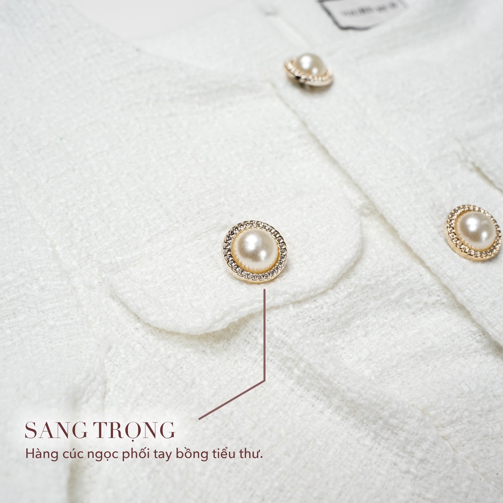 Váy đầm trắng Tweet Liner tay bồng tiểu thư Souris By G