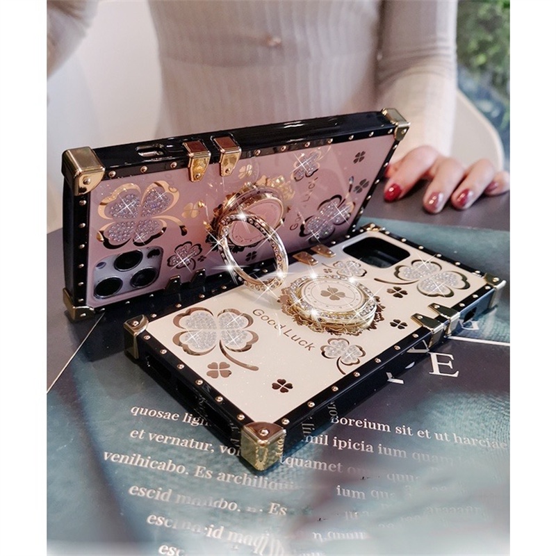 Ốp Điện Thoại Hình Vuông Họa Tiết Cỏ Bốn Lá Đính Đá Kèm Giá Đỡ Cho Samsung A20 A30 A20S A21S A12 A21 A33 A22 5G A02 A02S A03S A03CORE