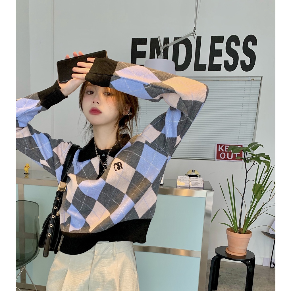 NUZIRO  Áo sweater  dệt kim cổ polo dáng ngắn thời trang mùa thu mới cho nữ