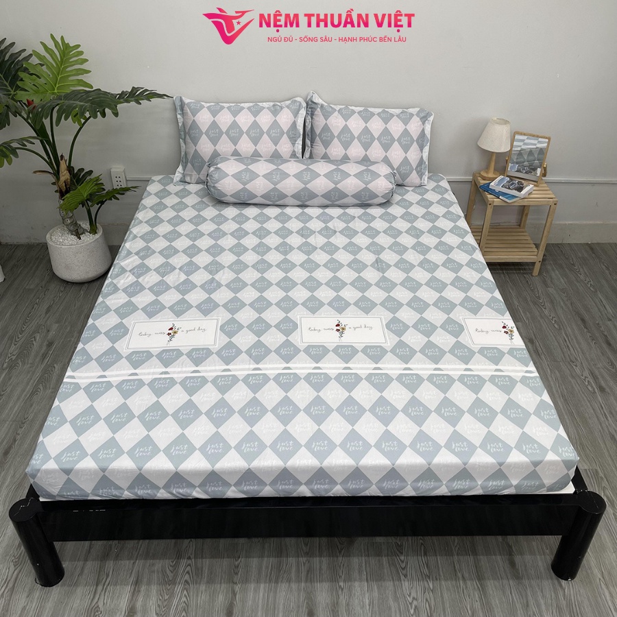 Bộ Ga Giường Tencel Thuần Việt Cao Cấp - Trắng Xám TVM14 (4 Món)