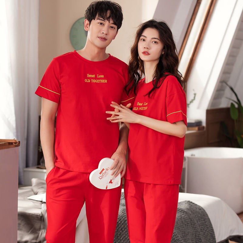 Đồ ngủ & Đồ mặc nhà✧Cặp đôi pyjama nữ mùa hè quần ngắn tay cotton tinh khiết phần mỏng đám cưới của nam giới lớn m