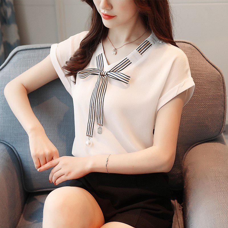 Áo sơ mi nữ voan chiffon tay ngắn thời trang công sở Hàn Quốc