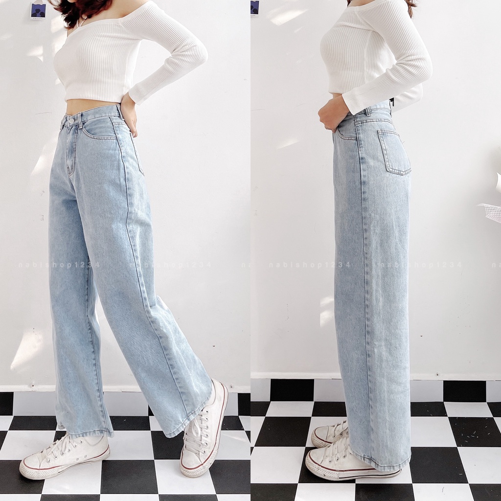 Quần Ống Rộng Suông Nữ Lưng Cao Vải Jeans Trơn Mã 3100 + 3121 (ẢNH THẬT) - Nabishop1234