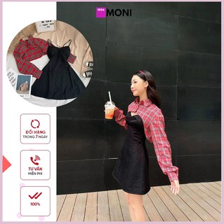 Set đầm 2 dây đen kèm áo giả cổ sơ mi caro đỏ tay dài S37