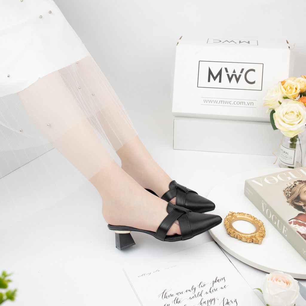 Giày Cao Gót Nữ MWC Mũi Nhọn Phối Nơ Màu Kem Đen NUCG-3969