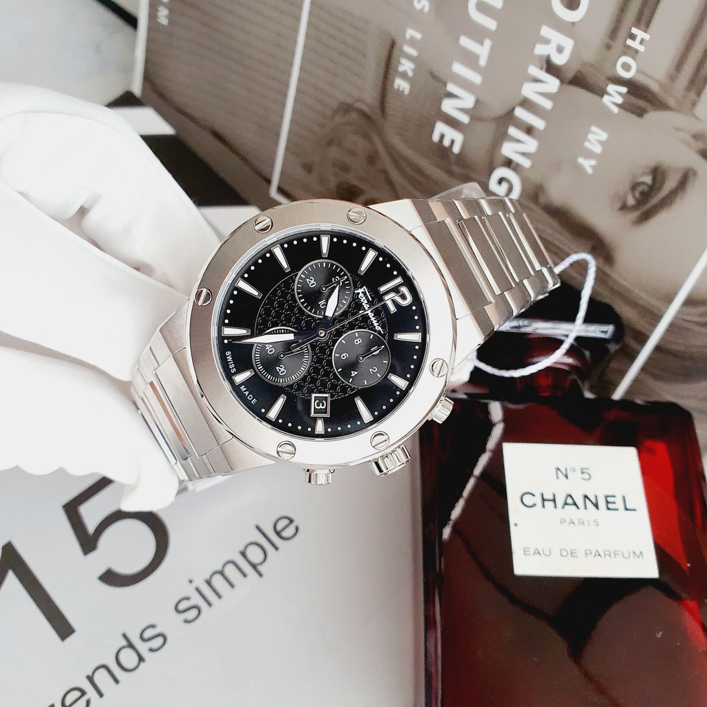 Đồng Hồ Nam FER.RAGAMO f80 cực kỳ menly cho các soái ca, về thêm dây thép bạc mặt đen sport dáng thể thao siêu hot hit