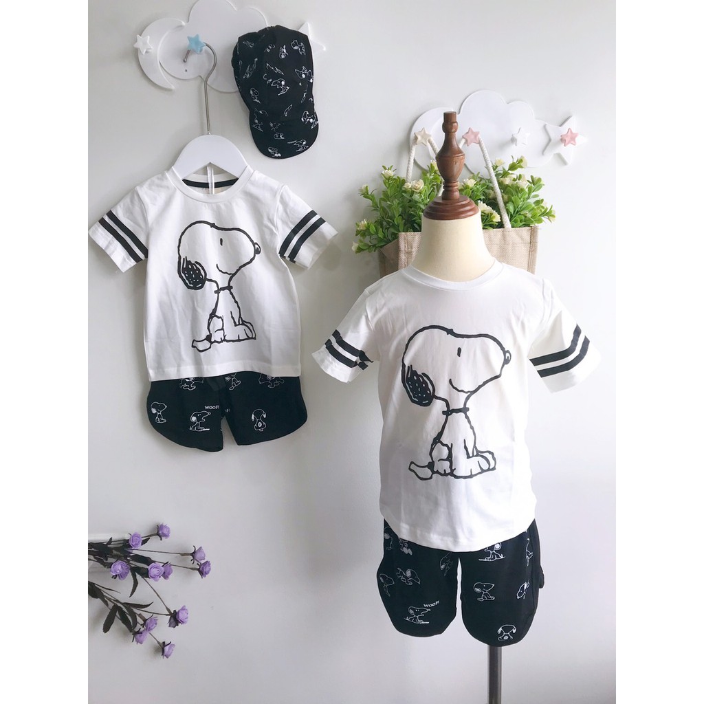 Set Bộ Quần Áo Cộc Tay Kèm Mũ In Hình Snoopy Cho Bé Trai 1 - 6 Tuổi Chất Cotton Siêu Mát Hàng Xuất Mẹ Tều Size 9 - 22 kg