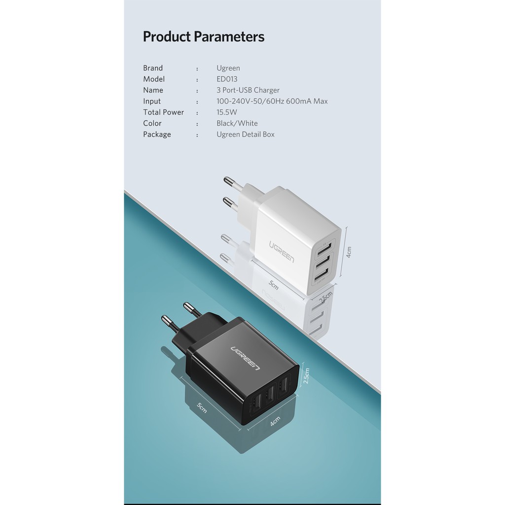 Cốc sạc UGREEN 3 cổng USB phích cắm EU chất lượng cao